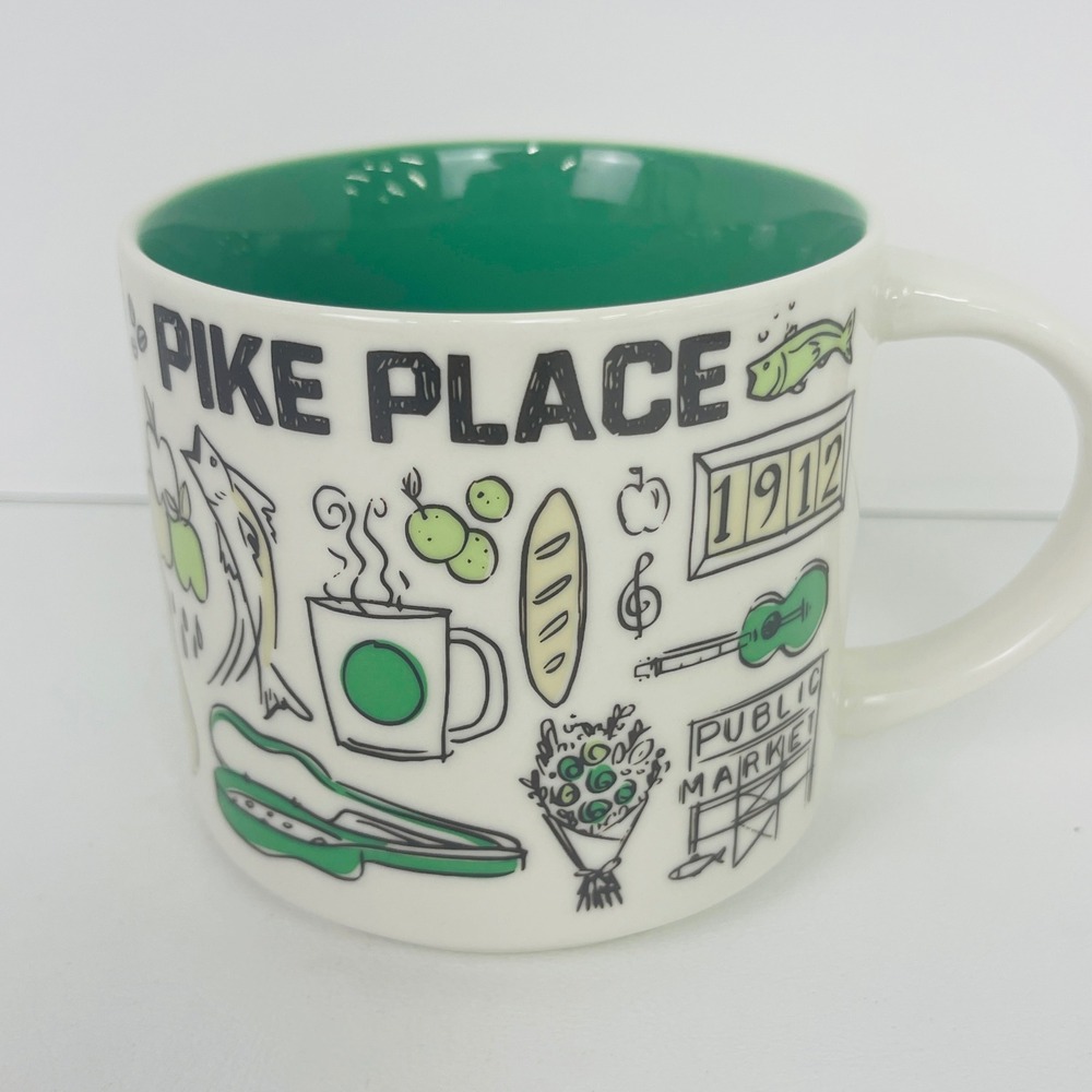 Starbucks Mug Pike Place Market Seattle First Starbucks White Green Excellent
